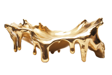 Molten gold liquid sculpture abstract form isolated on transparent background. Melted gold dripping isolated on white background, 3d rendering.
