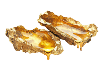 Two golden seashells dripping honey isolated on transparent background. Melted gold dripping isolated on white background, 3d rendering.