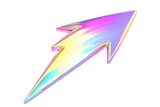 Holographic iridescent lightning bolt symbol isolated on transparent background. Metallic energy lightning bolt fluid holographic isolated on white background, 3d rendering.