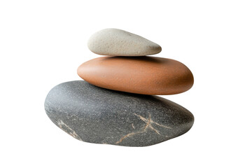 Stack of three smooth rounded stones balanced on a transparent background isolated on transparent background. Natural stacked smooth stones in a balanced arrangement isolated on white background.