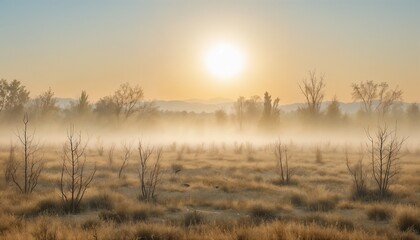 Fototapeta premium Tranquil Sunrise Landscape With Mist And Silhouetted Trees