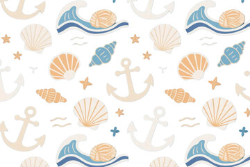 Nautical vector pattern with anchors, waves, and seashells.