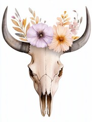 Obraz premium Watercolor bohemian cow skull. Western mammals. Water. Painted bovine cranium free spirit design occidental fauna liquid aquarelle desert mammal untamed artistic azure freedom