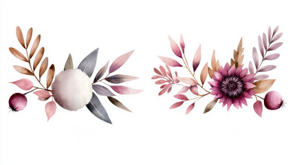 Watercolor boho floral set wirh cotton ball protea fl. Artistic bohemian bloom arrangement having fluffy protea painted botanical design blossom element hand drawn foliage rustic