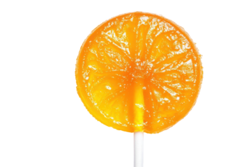 Bright orange lollipop with a textured surface isolated on transparent background. Orange lollipop isolated on white background.