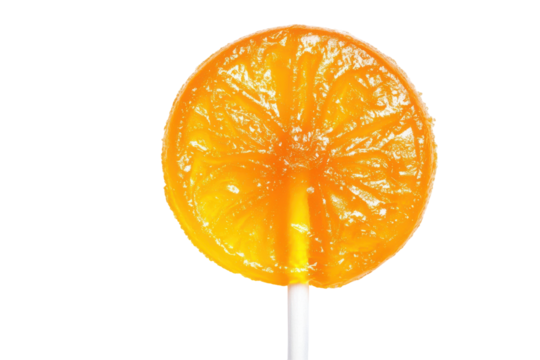 Bright orange lollipop with a textured surface isolated on transparent background. Orange lollipop isolated on white background.