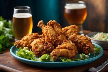 Crispy Fried Chicken Drumsticks on Blue Plate with Beer