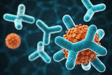 digital 3d rendering of human antibodies binding an antigen representing humoral immunity specificity and neutralization for immunology research healthcare and education