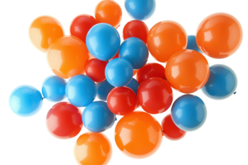Colorful gumballs scattered in a pile isolated on transparent background. Orange red and blue balloons isolated on white background.