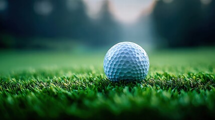 Obraz premium A golf ball sits ready on the vibrant green grass of a golf course, bathed in sunlight.