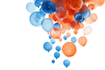 Abstract cluster of blue and orange bubbles isolated on transparent background. Orange red and blue balloons isolated on white background.