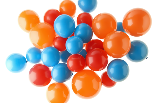 Colorful gumballs scattered in a pile isolated on transparent background. Orange red and blue balloons isolated on white background.