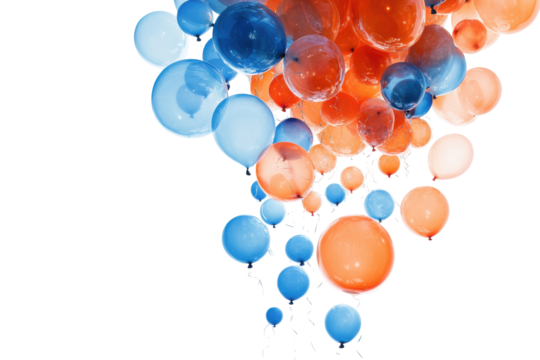 Abstract cluster of blue and orange bubbles isolated on transparent background. Orange red and blue balloons isolated on white background.