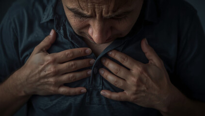 Hands clutching a shirt to the heart, grief felt physically - emotional pain