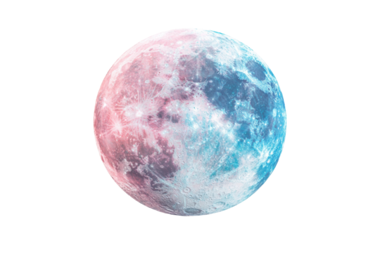 Whimsical pink and blue moon isolated on transparent background. Pastel pink and blue moon holographic isolated on white background, 3d rendering.