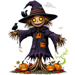 Spooky Halloween Scarecrow PNG on Transparent Background. Glowing Eyes and Jack-o'-Lanterns for Gothic and Autumn Illustrations