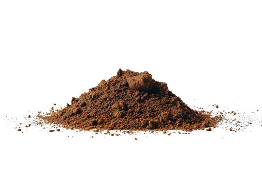 Pile of coarse brown sugar isolated on transparent background. Pile of soil isolated on white background.