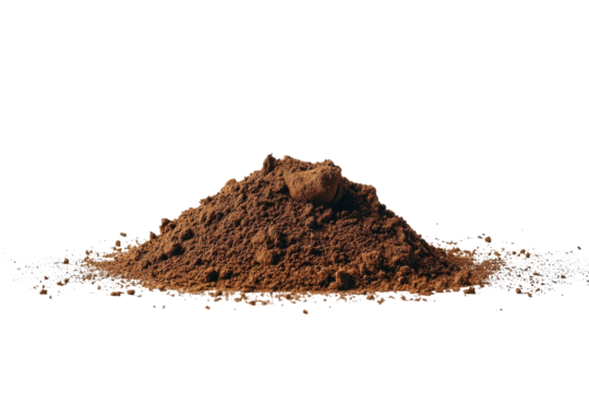 Pile of coarse brown sugar isolated on transparent background. Pile of soil isolated on white background.