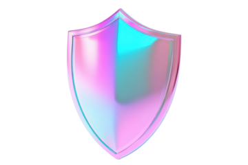 Holographic shield symbol isolated on transparent background. Pink and blue shield holographic isolated on white background, 3d rendering.