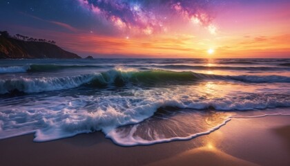 Fototapeta premium Dramatic coastline at sunset with starry sky