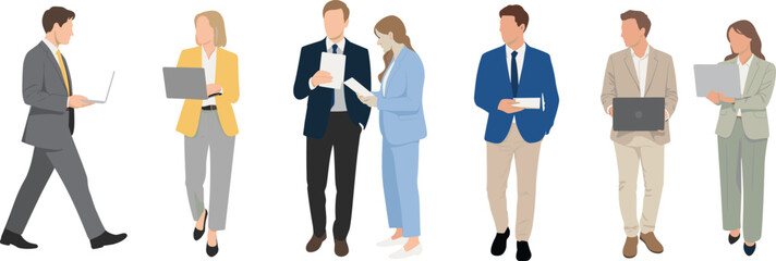 Business people using laptops and documents, office teamwork vector, professional collaboration illustration, diverse corporate staff in action