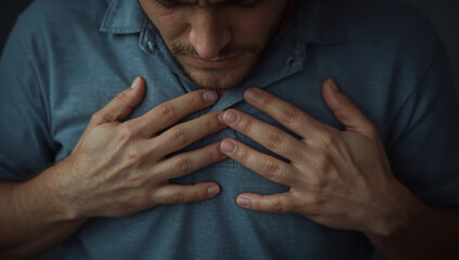 Hands clutching a shirt to the heart, grief felt physically - emotional pain