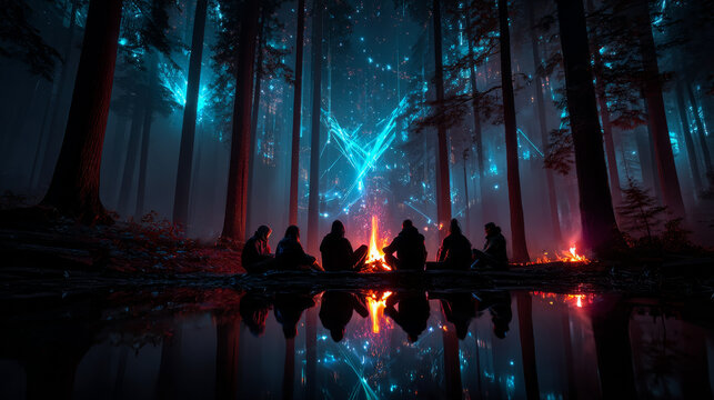 summer camp and friends chatting neat the campfire vector illustration, night camp in the forest website background