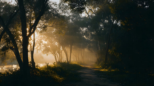 Misty Morning Light Illuminating a Forest Path Serene Woodland Scene with Sunbeams Piercing Through the Trees a Tranquil Nature Landscape