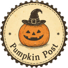Halloween stamp, Retro pumpkin stamp featuring a witchy pumpkin and rustic design elements.
Great for autumn stationery, holiday packaging, or themed labels.
