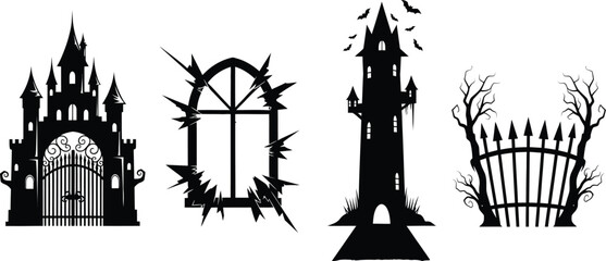 Obraz premium Spooky Halloween silhouettes of haunted castles, broken windows, and creepy gates with bats overhead