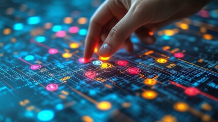 Naklejka premium A hand interacting with a futuristic digital interface displaying colorful lights and patterns