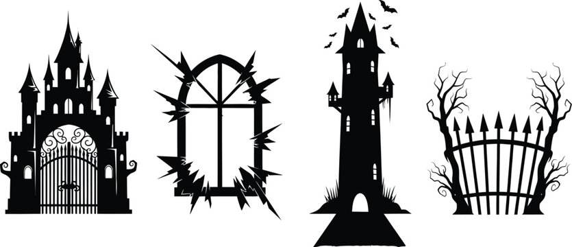 Spooky Halloween silhouettes of haunted castles, broken windows, and creepy gates with bats overhead