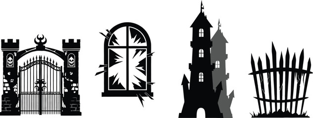 Spooky Halloween elements like a haunted gate, broken window, and eerie tower create a chilling atmosphere