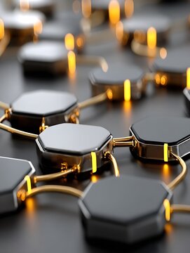 the image features a series of interconnected hexagonal metallic objects. these objects appear to be connected by golden, wire like segments