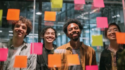 A diverse group of professionals focuses on a brainstorming session in a collaborative workspace with vibrant sticky notes displaying ideas