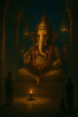 Gilded Ganesha Statue in Majestic Temple Interior