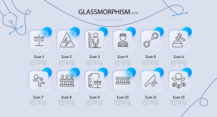 Law and justice set icon. Scale, lightning bolt, mugshot, prisoner, handcuffs, gavel, falling figure, jury panel, legal checklist, courthouse, knife with blood, and figure with coins