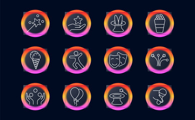Entertainment set icon. Outlined graphics of magic wand, bunny hat, ice cream, popcorn, juggling, dance, balloons, masks inside glowing gradient circles on dark background.