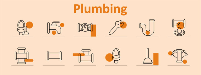 Plumbing set icon. Toilet, tap, plunger, flow gauge, dripping pipe, T-joints, connectors, blocked drain visuals used to represent sanitation and plumbing structure tools