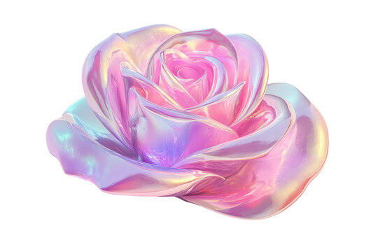 Iridescent pink rose flower isolated on transparent background. Pink rose flower fluid on white background, 3d rendering.