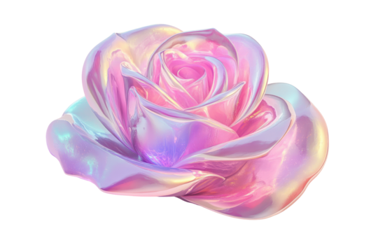 Iridescent pink rose flower isolated on transparent background. Pink rose flower fluid on white background, 3d rendering.