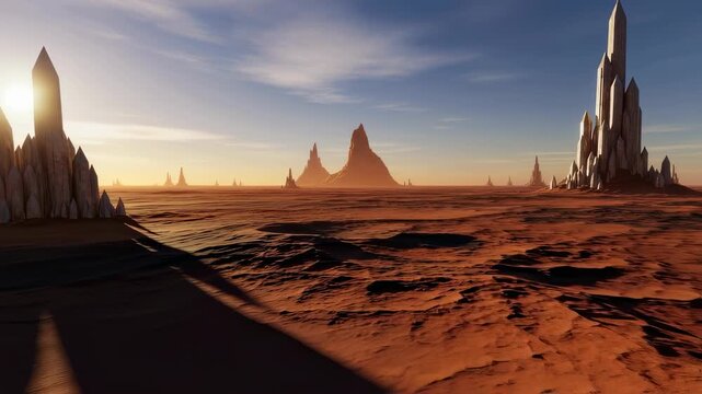 Arid alien landscape with towering crystal formations at sunset. Extraterrestrial technology outpost or desert planet surface video.