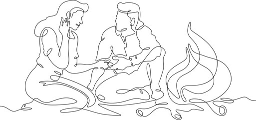 Continuous single line drawing a couple in love by the fire.Linear design. One continuous line isolated minimalist illustration. Not AI.