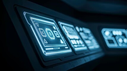 Woman's hand interacting with an alien technology control panel with glowing blue interface buttons, extraterrestrial tech footage.