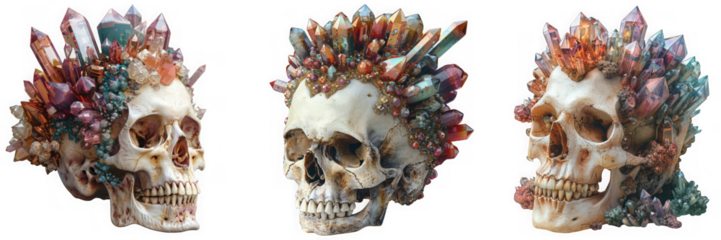 Three skulls adorned with crystals isolated on transparent background, gothic art illustration for halloween, occult, or spiritual design, fantasy decoration