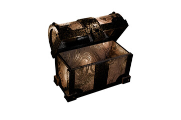 Halloween spooky treasure chest, dark mysterious box with creepy atmosphere, empty open chest for horror fantasy design, isolated on transparent background.