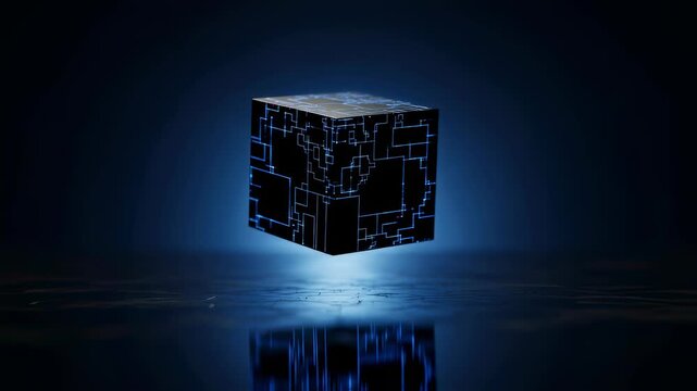 Abstract glowing blue circuit cube rotating in dark space. Advanced technology and extraterrestrial science concept animation.