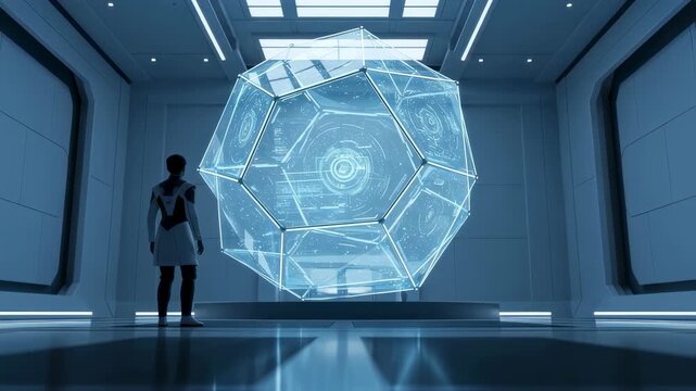 Humanoid figure observing rotating holographic dodecahedron in futuristic room, exploring extraterrestrial and advanced technology footage.
