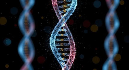 Abstract DNA Strand Visualization with Glowing Particles on Black Background
