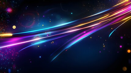 Dynamic glowing lines of vibrant colors, accented by sparkling particles, create a captivating abstract design.